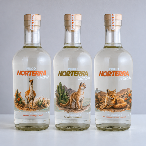Pack Desierto de Pisco Norterra Collection: tres botellas con diseños de guanaco, puma y zorro culpeo.